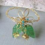 Bracelet Brass Wire Crochet Green Glass Leaves..