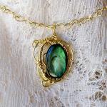 Necklace - Solid Brass Wire Wrapped - Green Shell