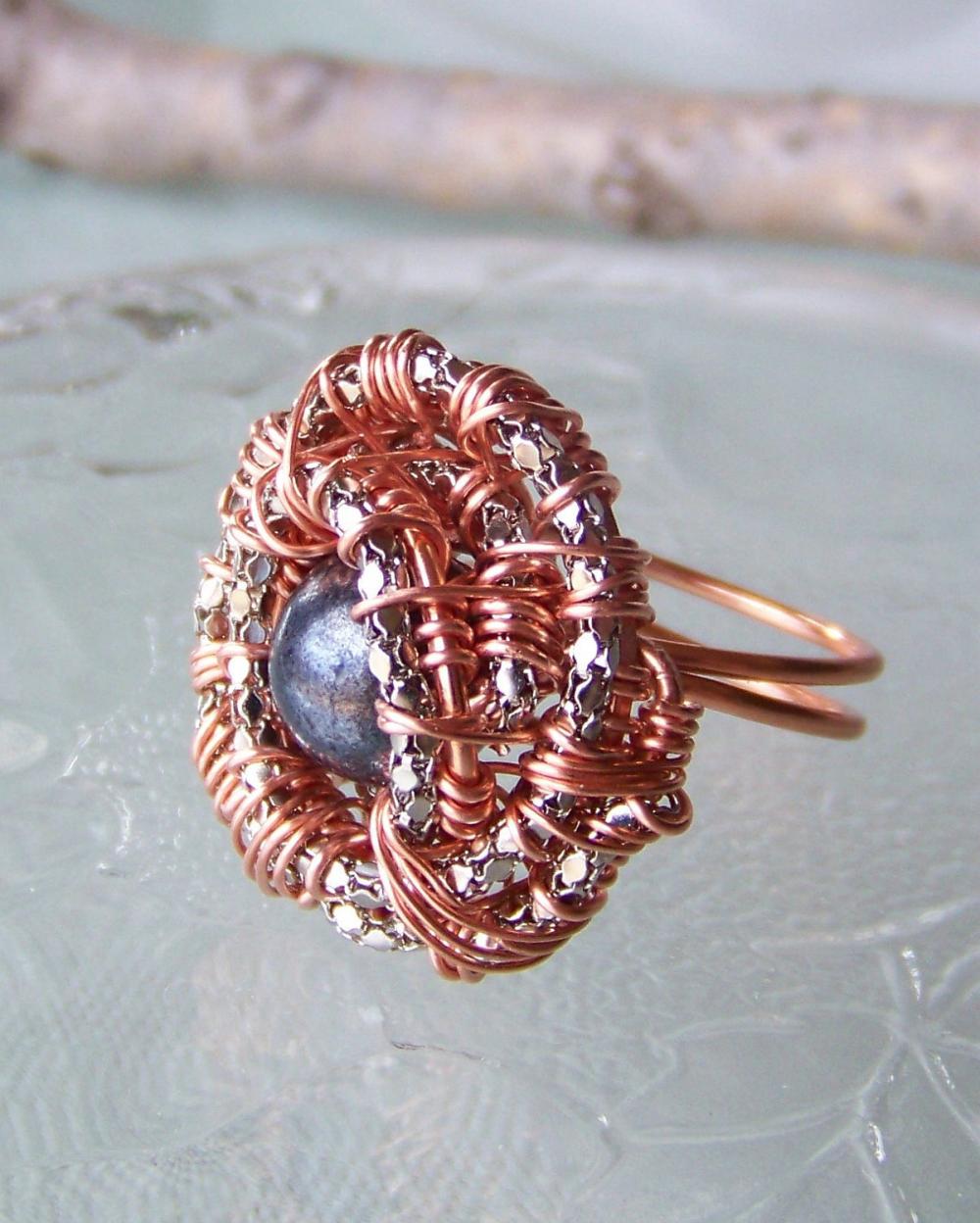 Ring Sz 8.5 - Wire Wrapped Copper With Snake Chain And Black Bead