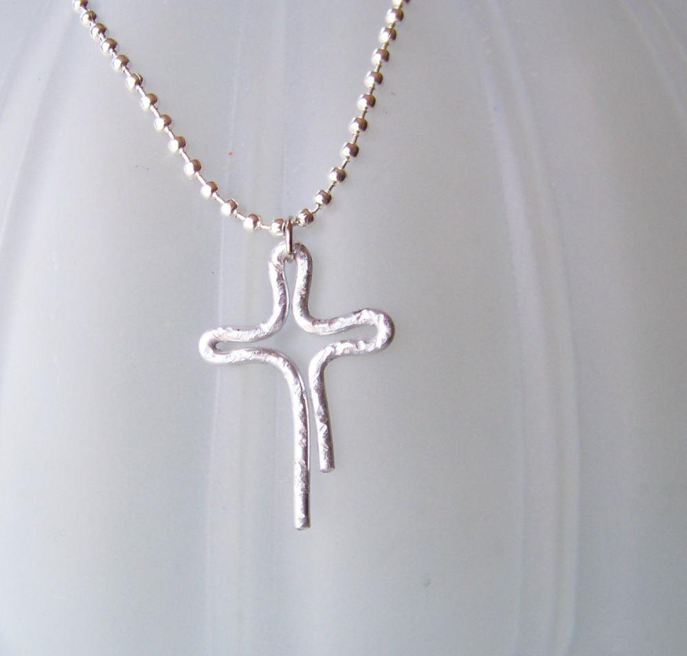 Textured Aluminum Cross Pendant And Silver Plated Ball Chain