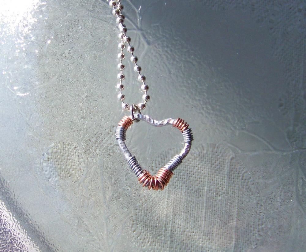 Textured Silver Tone Heart Wire Wrap - Art Pendant Necklace