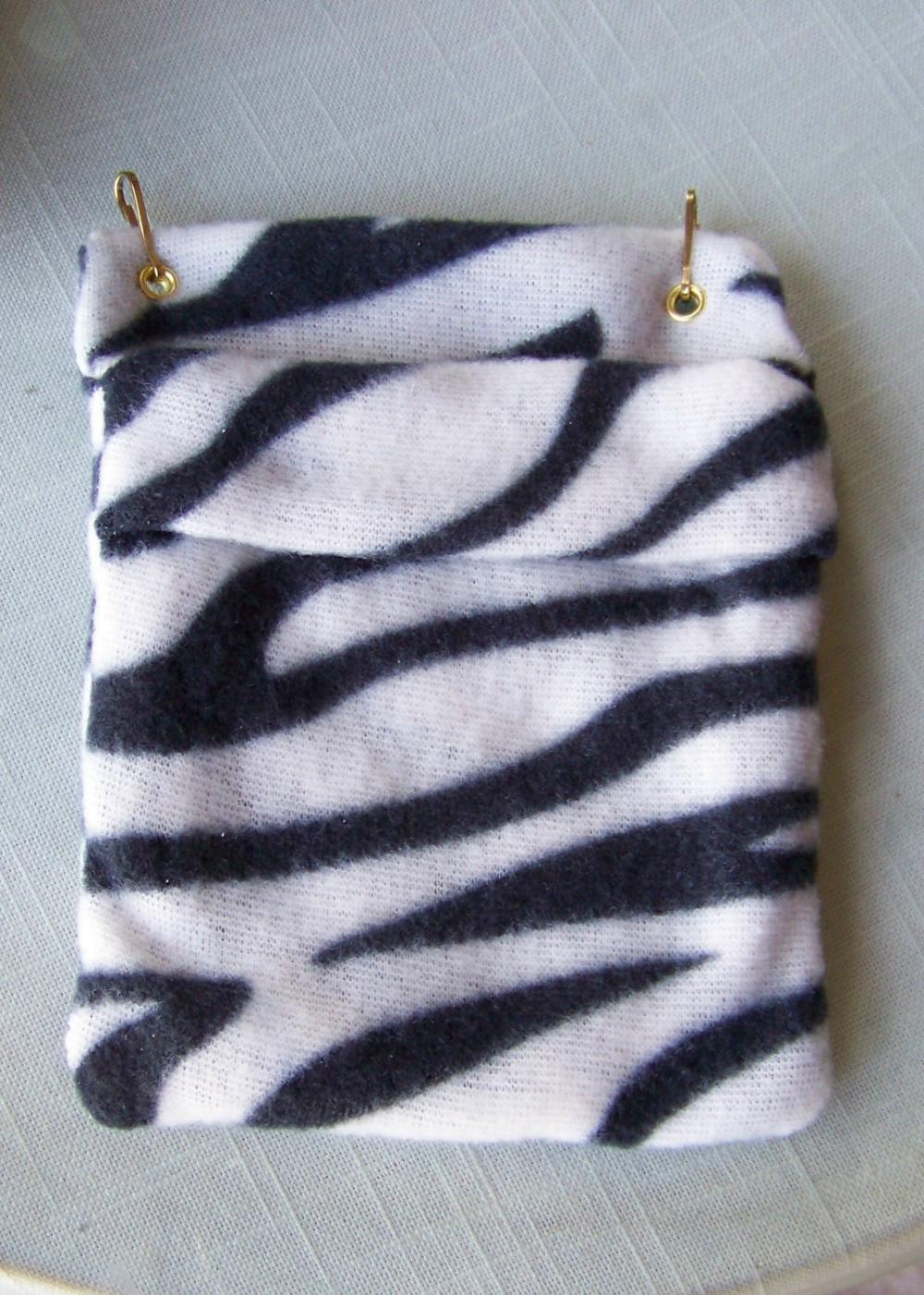 Fleece Bonding Pouch For Small Pets - Black And White Zebra Stripe Patterned Fleece - 5x6 Inches