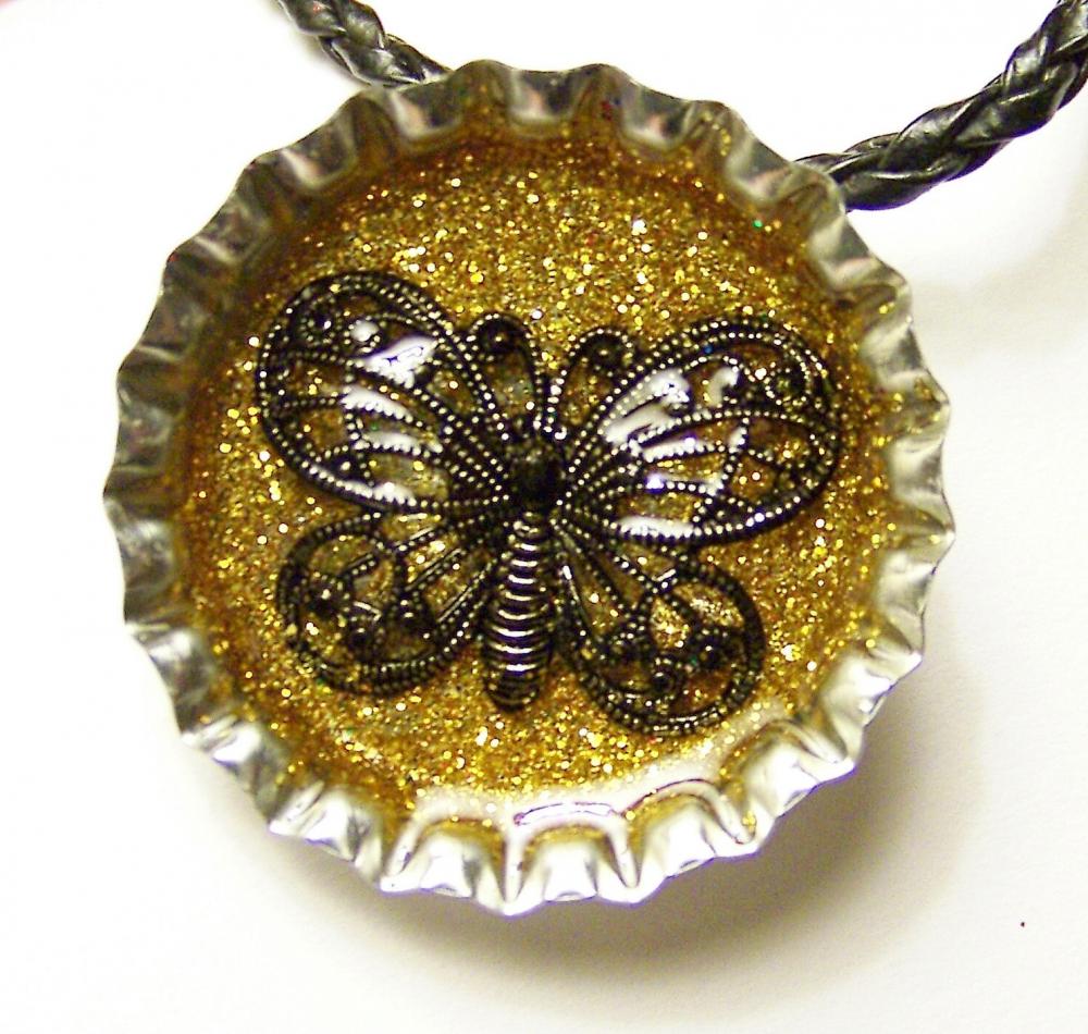 Bottle Cap Pendant - Gold Micro Glitter Background, Black Filigree Butterfly - Magnet On Back To Use With Washer Necklaces