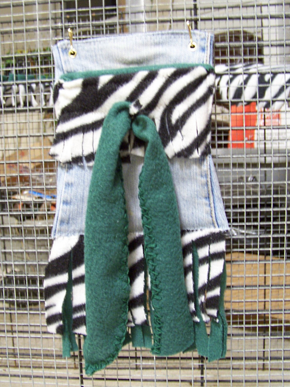 Cage And Bonding Bag Pouch For Small Pets - Denim, Green Fleece With Black And White Zebra Stripe Patterned Fleece - 6x6 Inches