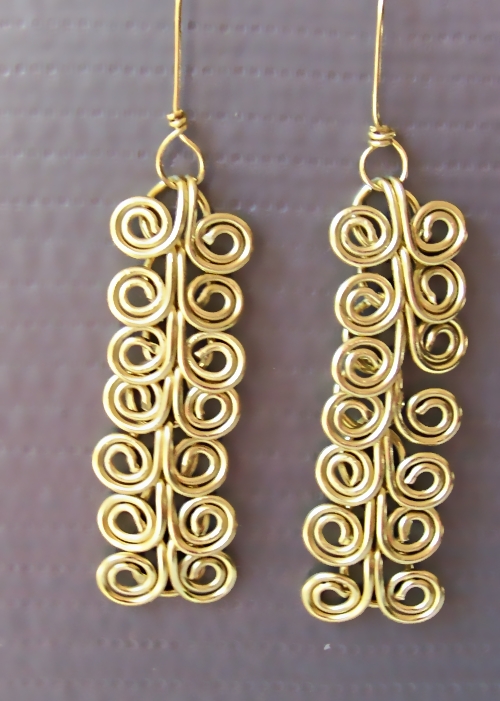 Dangle Earrings Pair, Custom Length, Golden Brass Egyptian Swirl Link
