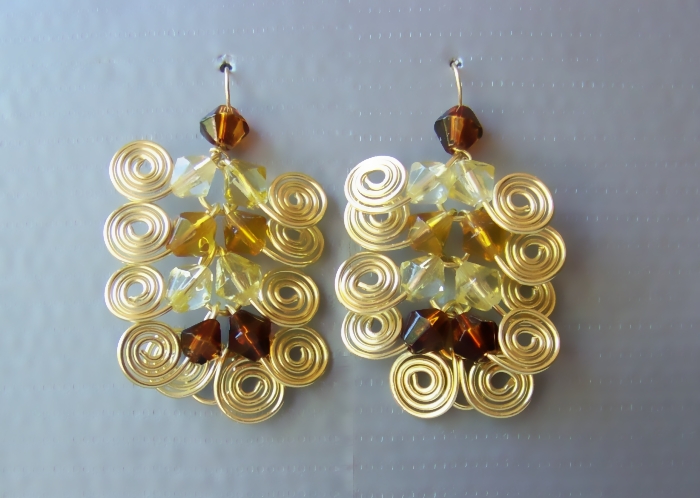 Dangle Earrings Pair, Custom Length, Golden Brass Egyptian Swirl Link And Shades Of Yellow And Amber Fire Polished Beads