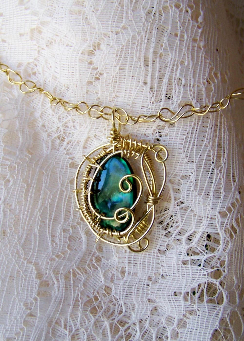 Necklace - Solid Brass Wire Wrapped - Green Shell