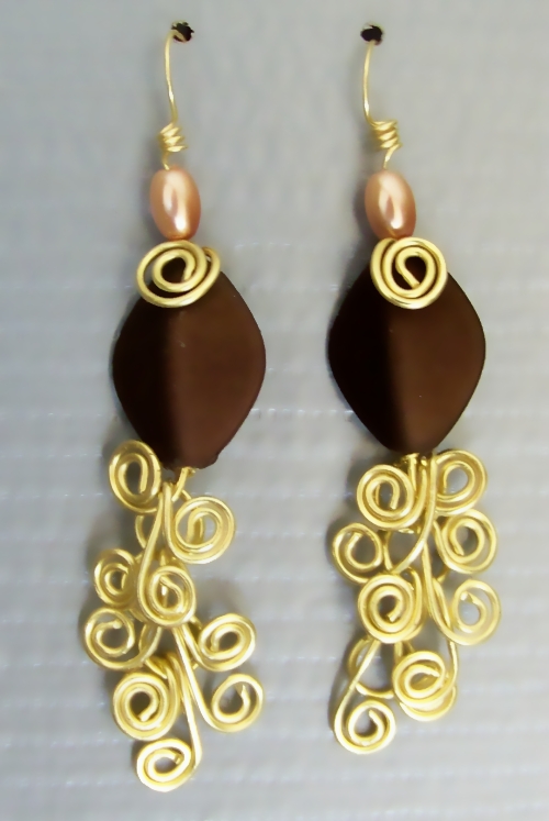 Dangling Earring Pair, Golden Brass Egyptian Swirl Link And Rich Brown And Peach Beads